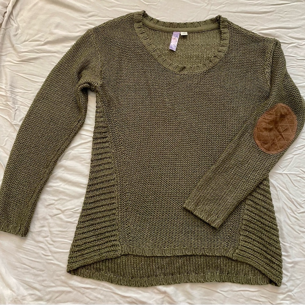 Alya Olive V-Neck Sweater with Tan Elbow Patch